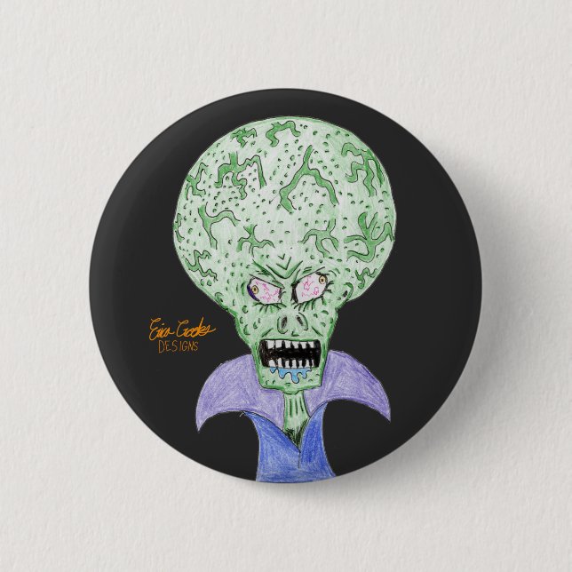 Big head alien sci-fi cartoon 2 inch round button (Front)