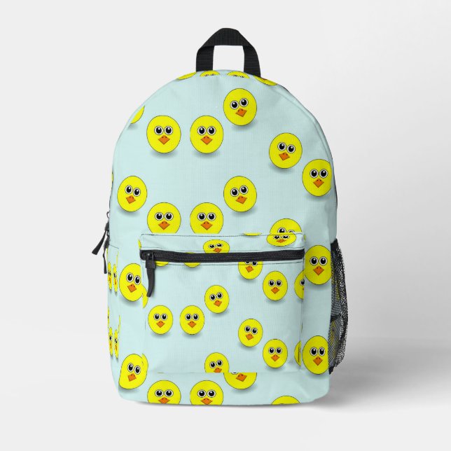 Big head chick on blue printed backpack (Front)