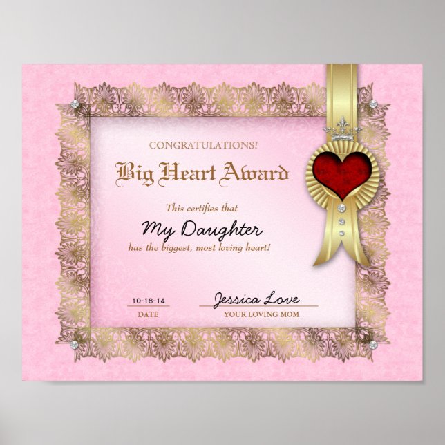 Big Heart Award Love Certificate Diploma Hero Poster (Front)