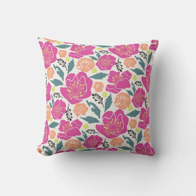 Big Hot Pink and Peach Flowers Outdoor Pillow (Front)