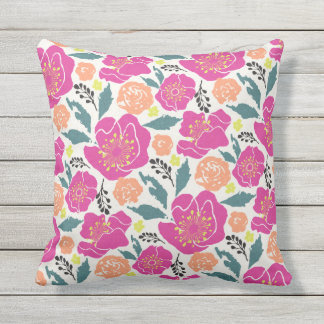 Big Hot Pink and Peach Flowers Outdoor Pillow