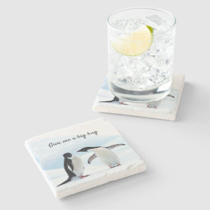 Big hug Penguin on ice photo with text Stone Coaster