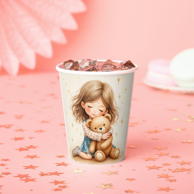 Big Hugs - Cute Girl Hugging Teddy Bear Paper Cups (Insitu)