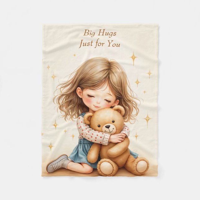 Big Hugs Cute Girl Hugging Teddy Bear Paper Sheet Fleece Blanket (Front)