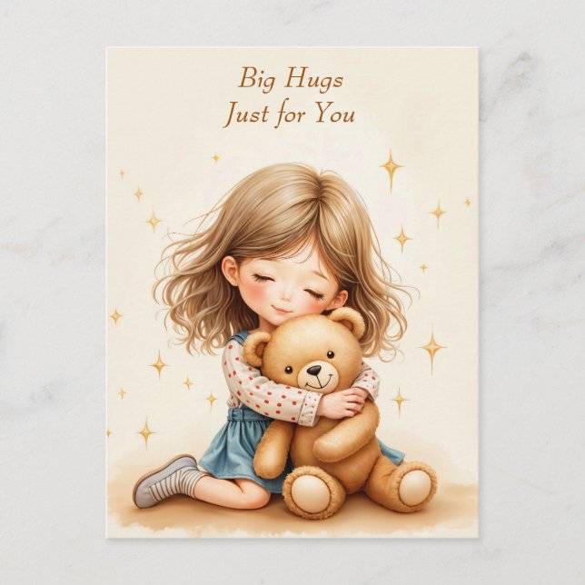 Big Hugs Cute Girl Hugging Teddy Bear Paper Sheet Postcard (Front)