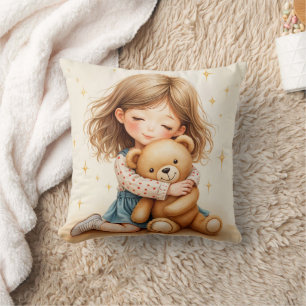 Big Hugs Cute Girl Hugging Teddy Bear Paper Sheet Throw Pillow