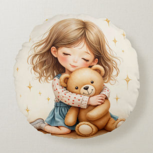 Big Hugs Cute Girl Hugging Teddy Bear Round Pillow