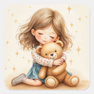 Big Hugs - Cute Girl Hugging Teddy Bear Square Sticker