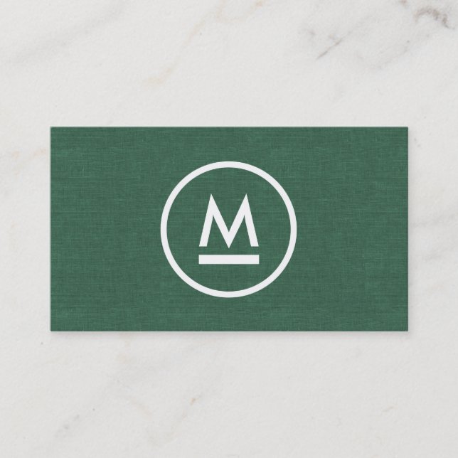 Big Initial Modern Monogram on Green Linen Business Card (Front)