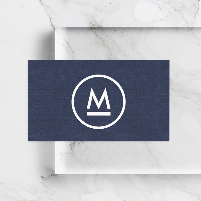 Big Initial Modern Monogram on Navy Blue Linen Business Card (Creator Uploaded)