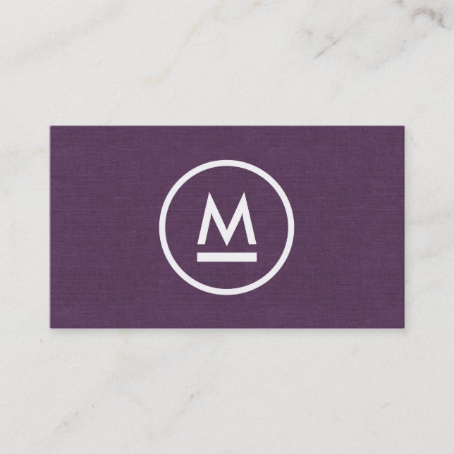 Big Initial Modern Monogram on Purple Linen Business Card (Front)