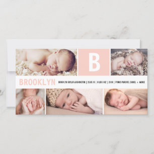Big Initial Pink Baby Monogram 5 Multi Photo Birth Announcement
