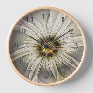 Big Ivory Flower, Abstract Modern Fractal Art Clock