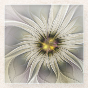 Big Ivory Flower, Abstract Modern Fractal Art Glass Coaster