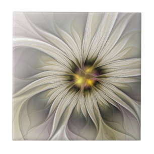 Big Ivory Flower, Abstract Modern Fractal Art Tile