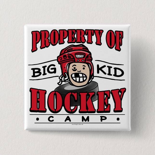 Big Kid Hockey Camp Red Helmet 2 Inch Square Button (Front)