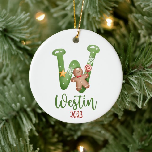 Big Letter, Name and Date Personalized Ceramic Ornament (Tree)