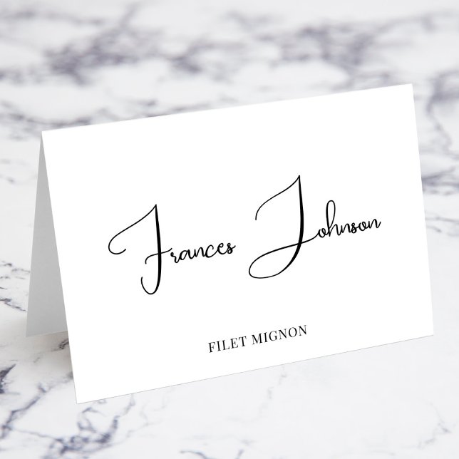 Big Letter Script Meal Choice Name Place Cards (Bettina Decorative Script Individual Place Cards with Meal Choice Option in ALL CAPS)