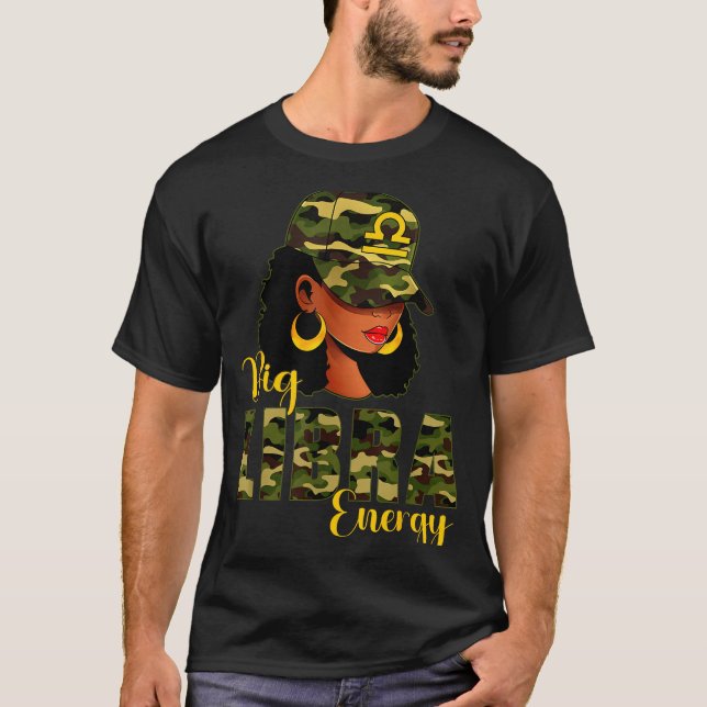 Big Libra Energy Camouflage Black Woman Cap Zodiac T-Shirt (Front)