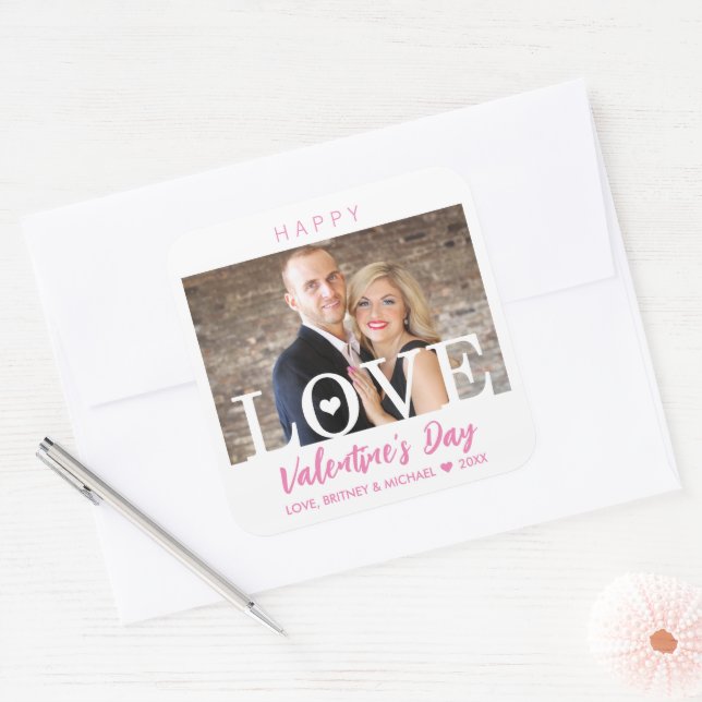 Big LOVE Modern Letters | Your Photo Pink Script Square Sticker (Envelope)