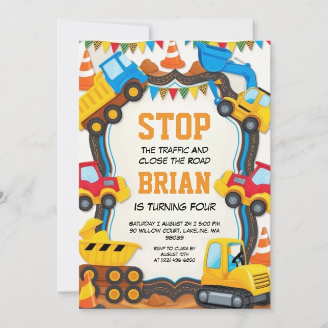 big machine construction birthday invitations (Front)