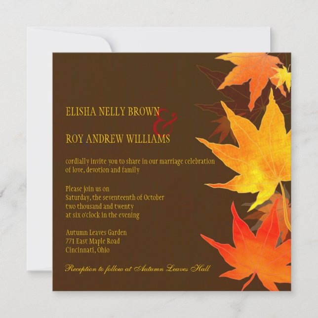 Big Maple Leaves Chocolate Brown Fall Wedding Invitation (Front)