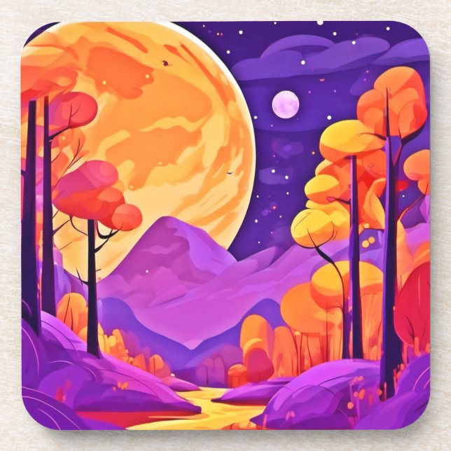 Big Moon & Cartoon Trees Art Coaster (Front)