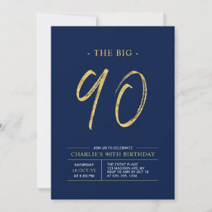 Big Ninety   Gold & Navy Blue 90th Birthday Party Invitation