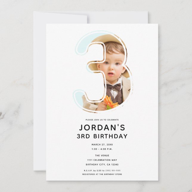 Big Number 3 THREE Photo Third 3rd Birthday Party Invitation (Front)