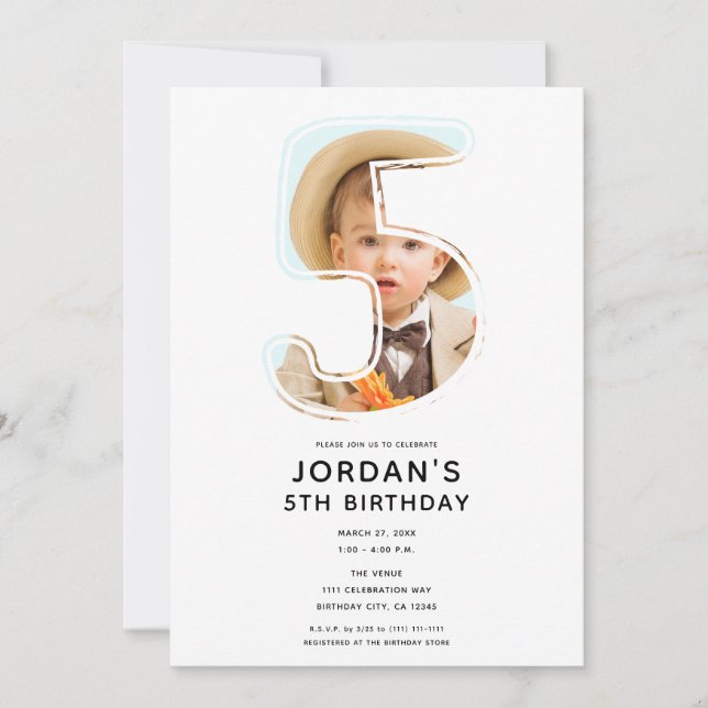 Big Number 5 FIVE Photo Fifth 5th Birthday Party Invitation (Front)