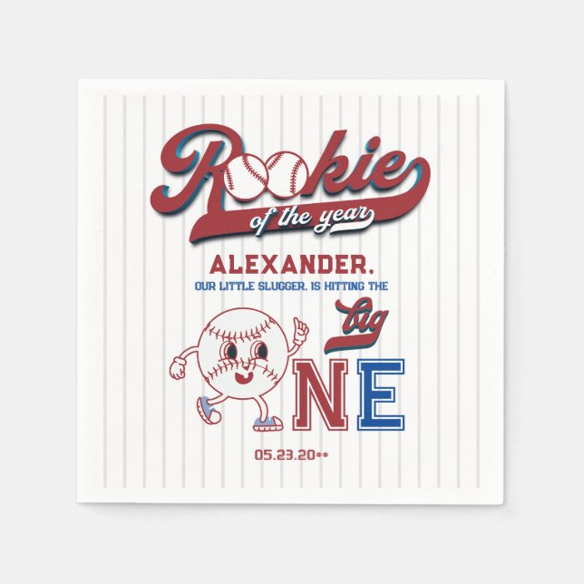 Big One Baseball Rookie Of The Year First Birthday Napkin (Front)