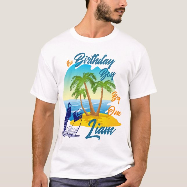 Big One Birthday Boy Beach Theme Personalized Name T-Shirt (Front)