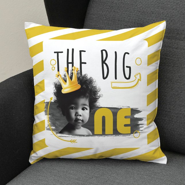 BIG ONE Photo Personalized Black White Yellow Throw Pillow (Creator Uploaded)