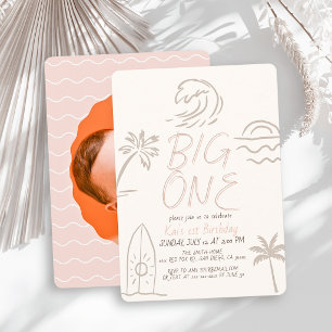 Big One Surfboard Doodle Pink Photo 1st Birthday Invitation