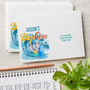 Big One surfing beach 1st birthday party elephant Envelope
