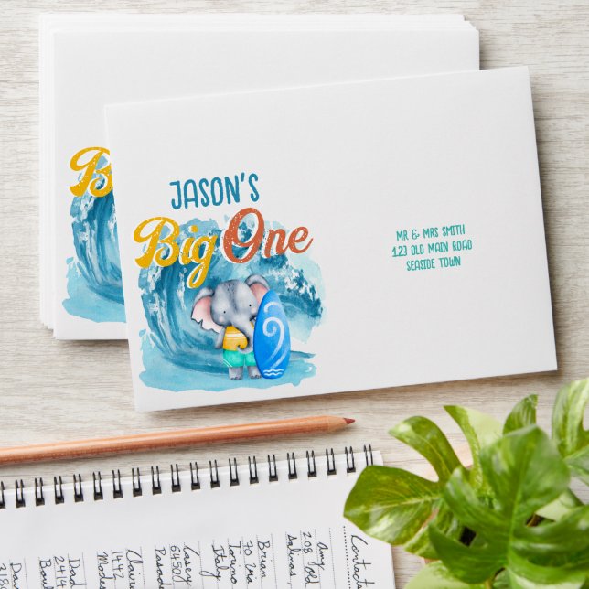 Big One surfing beach 1st birthday party elephant Envelope (Stacked)