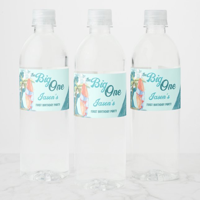 Big one surfing beach birthday party personalized water bottle label (Bottles)