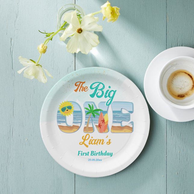Big One surfing beach summer birthday tableware Paper Plate (Big One surfing beach summer birthday party personalized tableware monogram printed Paper Plates)