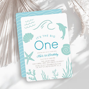 Big One Turquoise Blue Wave Boy 1st Birthday Invitation