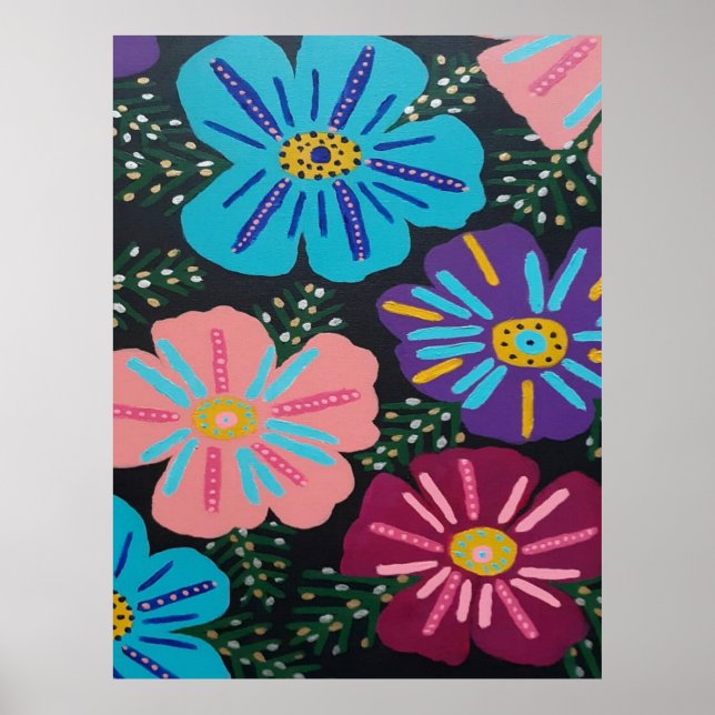 Big Pastel Flowers on Black Poster (Front)