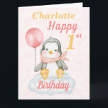 Big Penguin Happy 1st Birthday Pink Card<br><div class="desc">The cute 1st baby penguin birthday card. The card features a baby girl penguin sitting on a cloud holding balloon. A sweet design for a little girl who will be one year old. Personalize by adding the little girl's name and age then change or add to the message inside to...</div>
