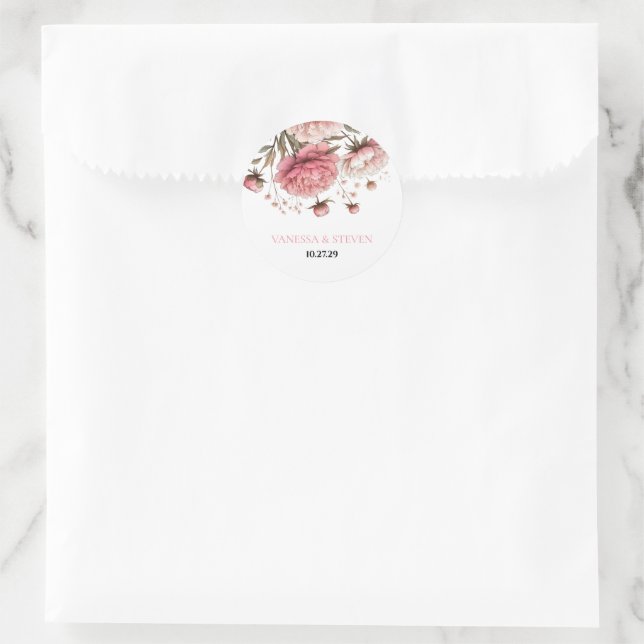 Big Pink Blooms Wedding Classic Round Sticker (Bag)