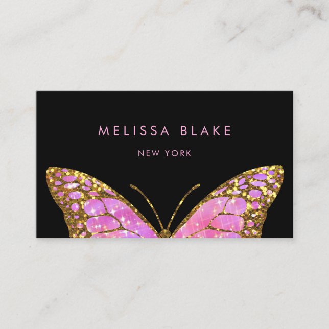 big pink butterfly on black business card (Front)