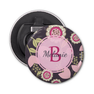 Big Pink Floral Tulip Pattern Monogram Bottle Opener