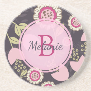 Big Pink Floral Tulip Pattern Monogram Coaster