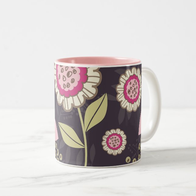 Big Pink Floral Tulip Pattern Two-Tone Coffee Mug (Front Right)