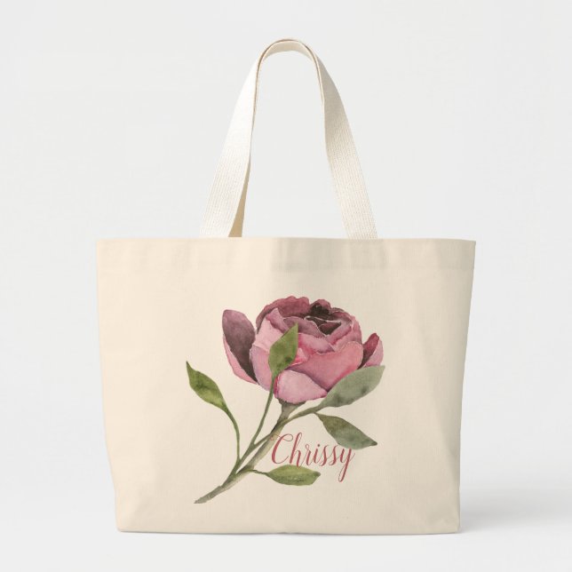Big Pink Flower with Name Large Tote Bag (Front)