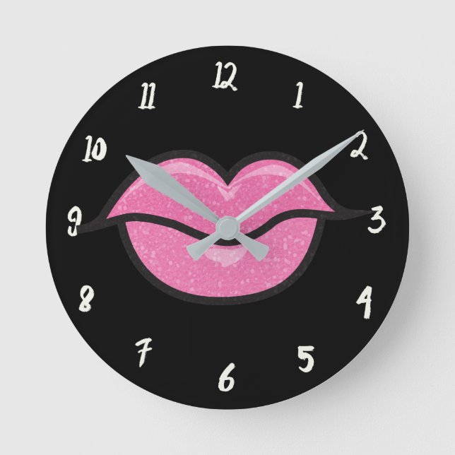 Big Pink Glitter Lips Lipstick Kiss Glamor Glam Round Clock (Front)