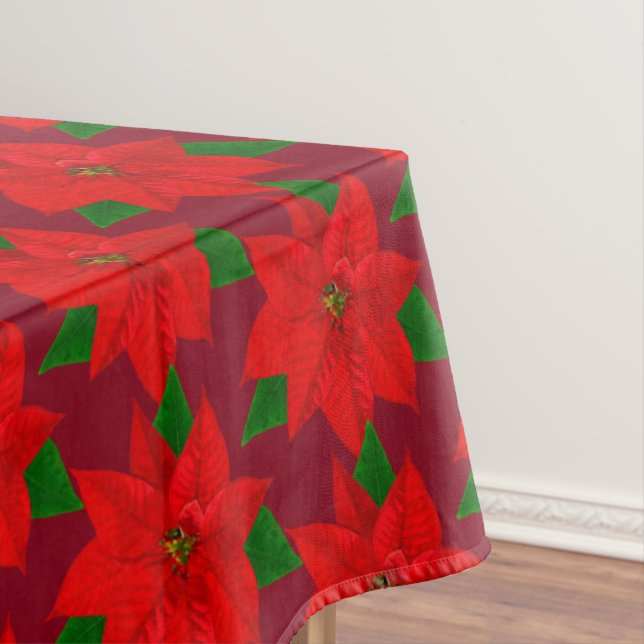 Big Poinsettia Flower Pattern on Burgundy Tablecloth (In Situ)