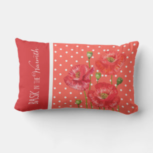 Big Polka Dot Prints in Peach and Poppy Red Lumbar Pillow